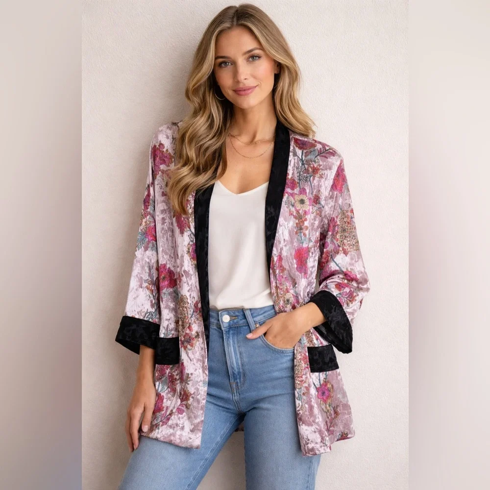 Free People Anthropologie Floral Garden Satin Kimono Top